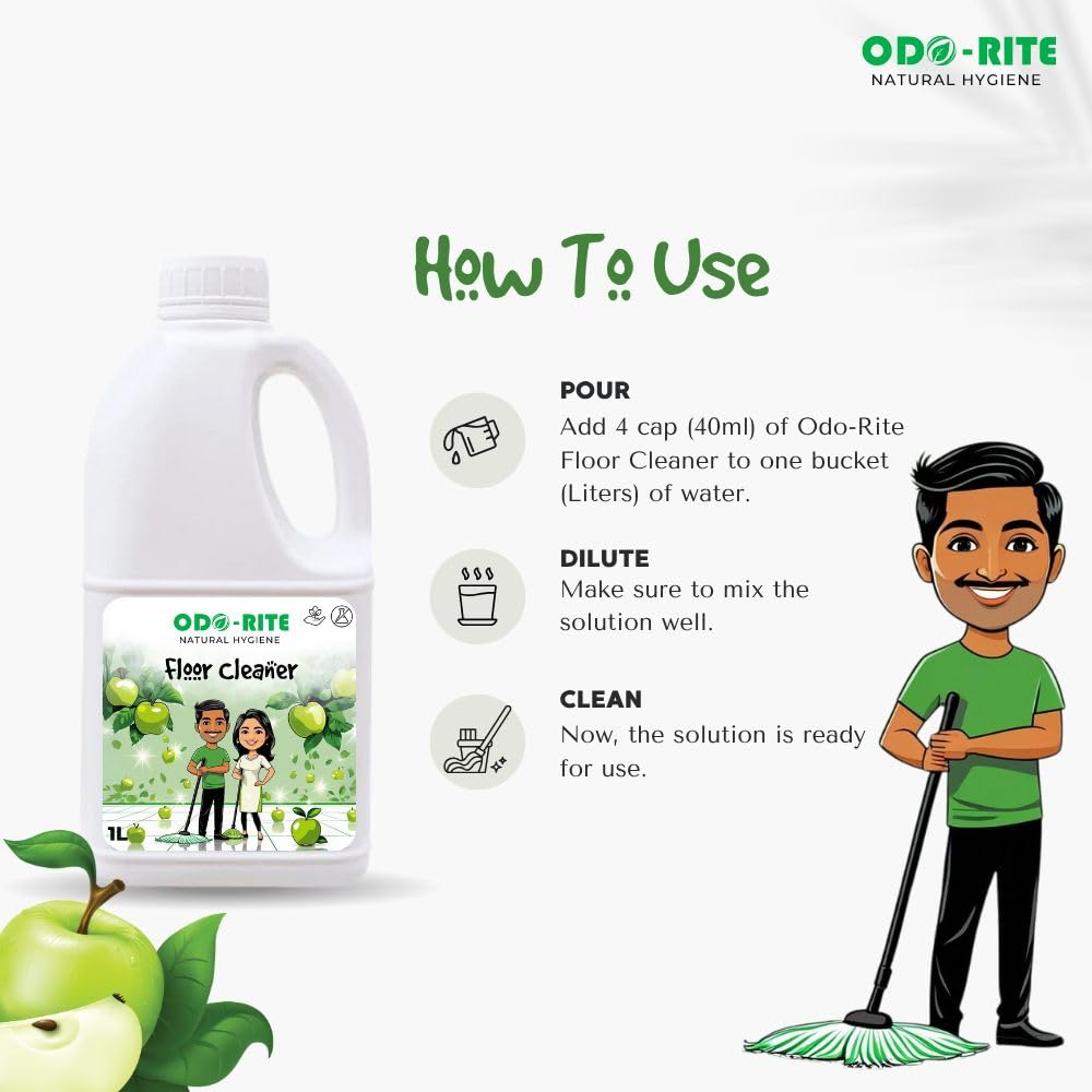 ODO-RITE natural Floor Cleaner -1 Litre | Works on all surfaces | Bio-Technological Based | Chemical Free | Child and Pet Safe Floor Cleaner | Fragrance Green Apple