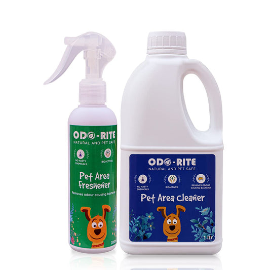 ODO-RITE Combo Pack Pet Area Freshener 200 ml Spray + Pet Area Cleaner 1000 ml | Stain and Odour Remover 100% Natural