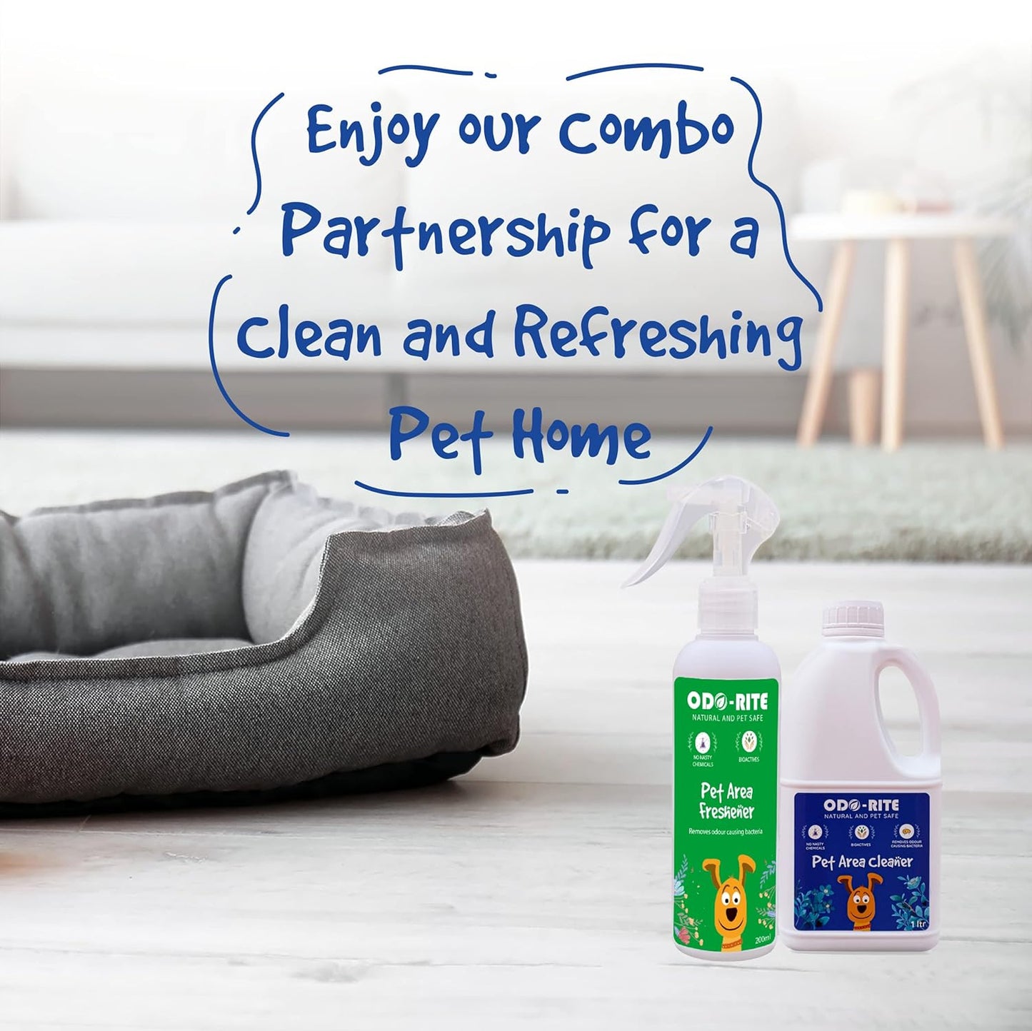 ODO-RITE Combo Pack Pet Area Freshener 200 ml Spray + Pet Area Cleaner 1000 ml | Stain and Odour Remover 100% Natural