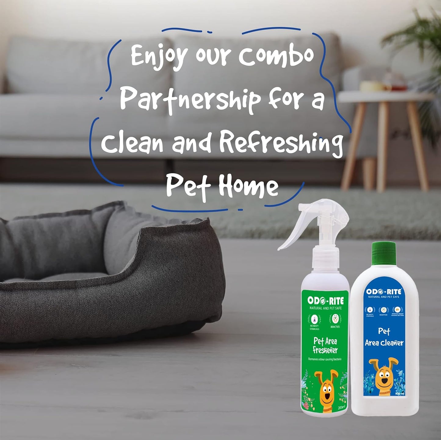 ODO-RITE Combo Pack Kennel Wash/Pet Floor Cleaner with Odour Neutralizer (500ml) with Pet Area Freshener Odour Remover (200ml) | Pack of 2